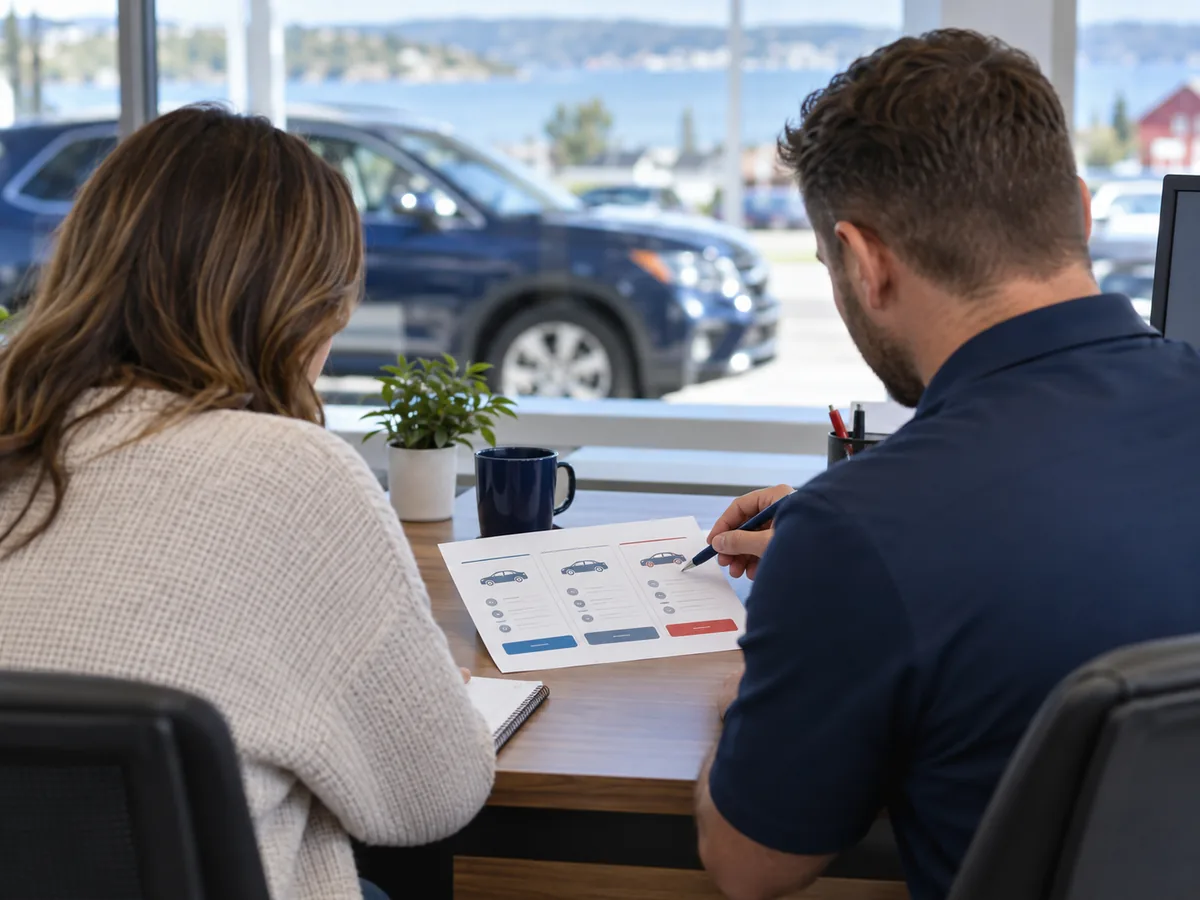 A customer reviewing vehicle options with an automotive finance professional